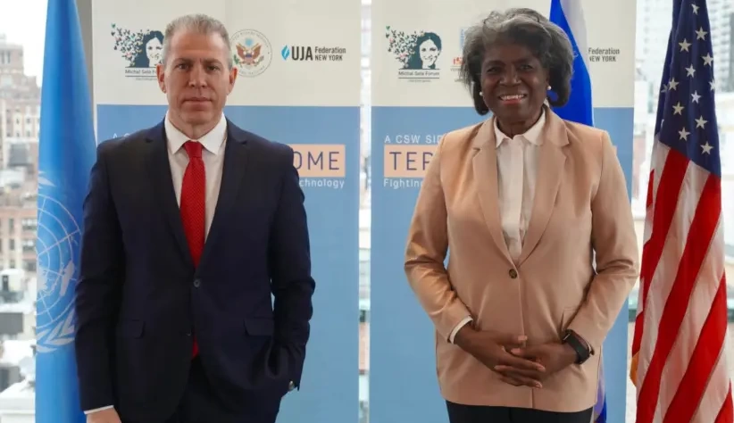 O Embaixador de Israel nos Estados Unidos e Nações Unidas Gilad Erdan e a Embaixadora dos EUA na ONU, Linda Thomas-Greenfield (Crédito da Foto: Israel na ONU)