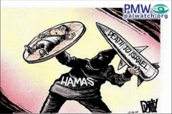 Caricatura da Fatah zombando da tática do Hamas de usar crianças como escudos humanos (Palestinian Media Watch)